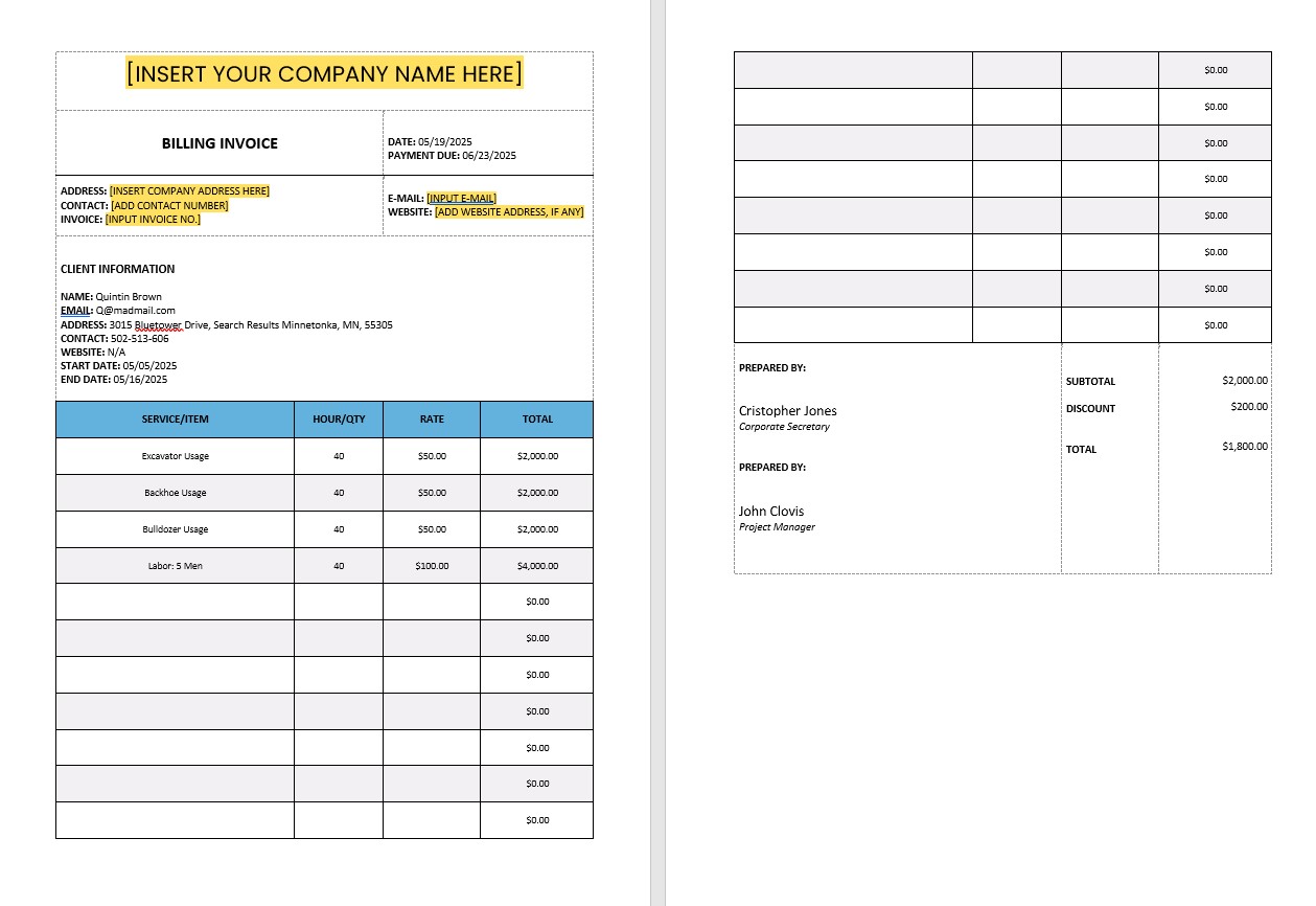 Construction Billing Invoice Template PSD template